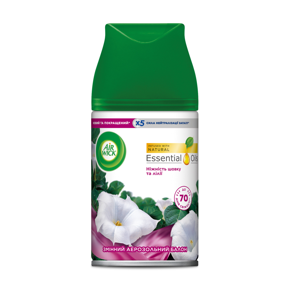 Змінний балон до автоматичного аерозольного освіжувача повітря Air Wick Freshmatic Ніжність шовку та лілії, 250 мл